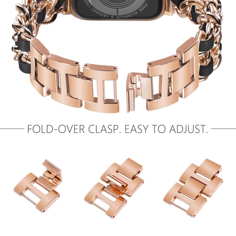 NewWays for Apple Watch Band Series 10 42mm 41mm 40mm 38mm Series9 8 7 SE 6 5 4 3, Jewelry Bracelet for iWatch Band for Women, Rose Gold Link with Black Leather - Image 3